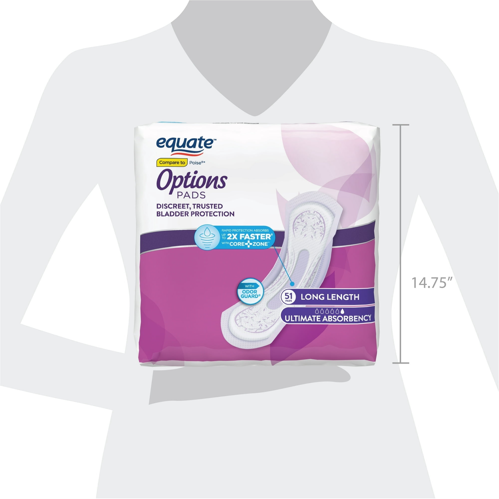 Options Women's Incontinence Pads, Ultimate Absorbency, Long Length (102 Count), Compare to Poise®