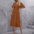 thumbnail image 4 of Vestido Maxi de Manga Larga para las Mujeres Caída Sólido de Manga Corta Cuello en V Plisado Vestido Maxi Midi, Cintura Elástica Boho Vestido de Playa con Bolsillos, 4 of 9