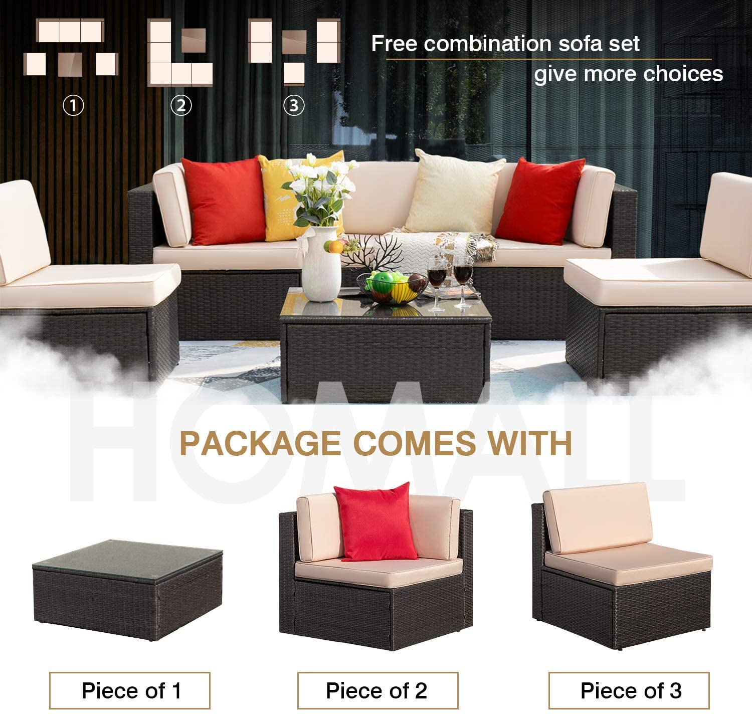 Vineego 6 Pieces Outdoor Patio Furniture Sets Wicker Sectional Sofa PE Rattan Conversation Sets with Cushions, Beige