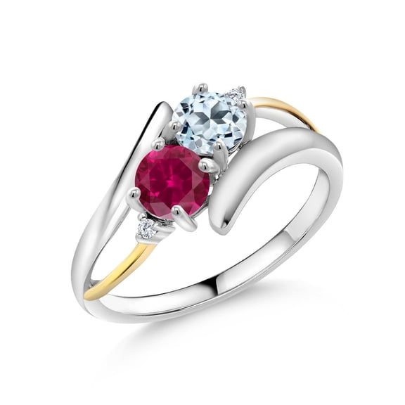 Gem Stone King 1.72 Ct Round Sky Blue Topaz Red Created Ruby 925 Silver and 10K Yellow Gold Lab Grown Diamond Two Stone Crossover Ring (Size 7)