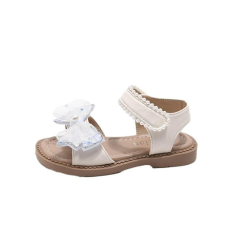 

AJTQTH Sandals for Girls Kids Teens Cute Mesh Pearls Accessories Open-Toe Sandals with Velcro Low Heel Thick Soled Sandals for Summer Casual Beach Outdoor Beige 8 Y
