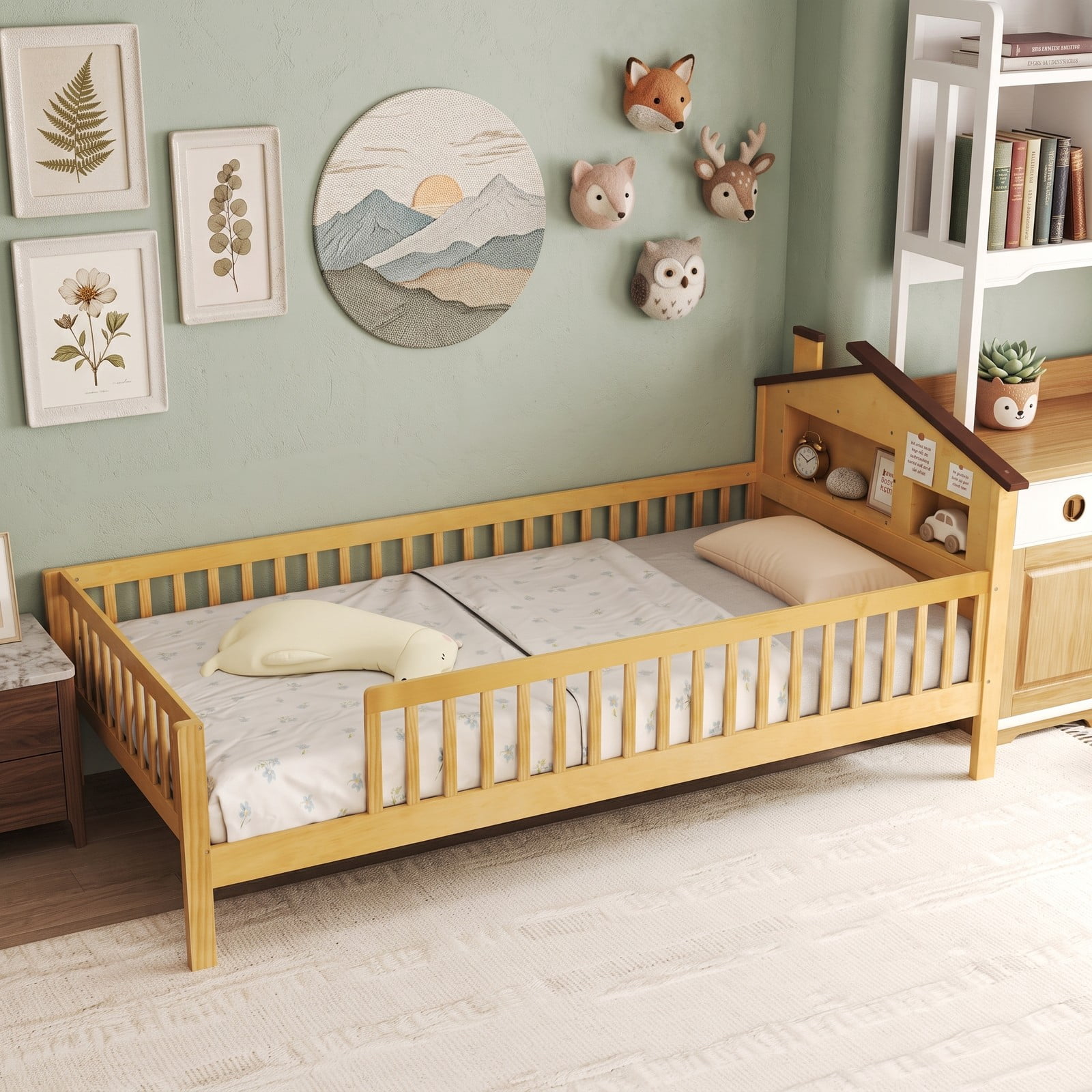 Furnibear Full Size Bed Frame Kids Montessori Floor Bed with House Headboard, Storage Shelf and Full-Length Guardrails, Natural