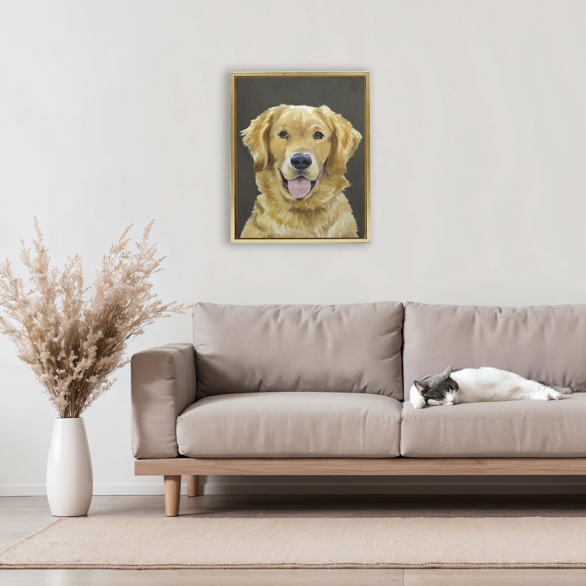 Stupell Industries Joyful Golden Retriever Portrait Gold Framed Floater Canvas Wall Art, design by Lil' Rue