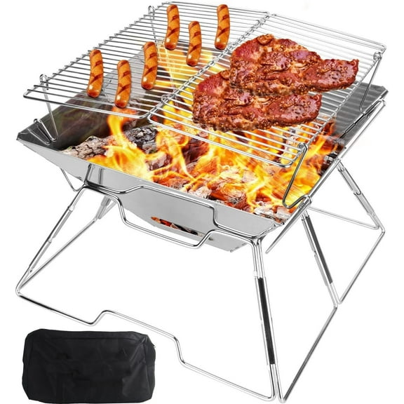 Beautysureup Charcoal Campfire Grill, Camping Fire Pit, Folding Portable BBQ Grill, Stainless Steel Barbecue Stove for Home Party Outdoor Camping Picnic
