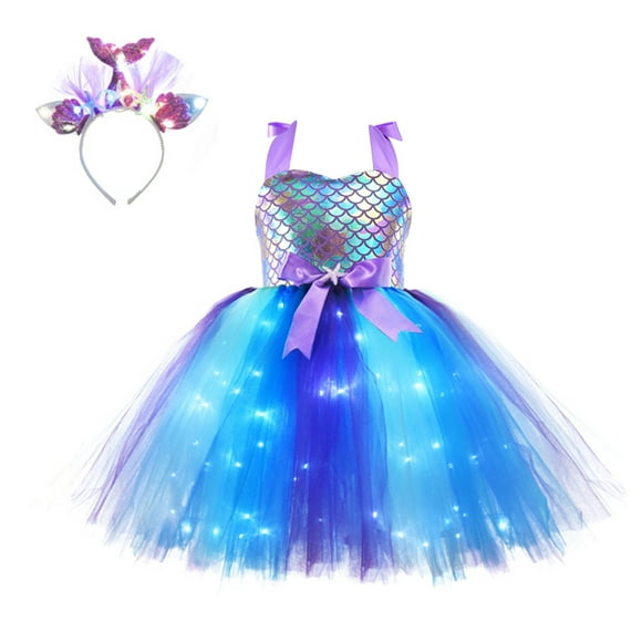 Girls Mermaid Costume LED Light Up Tutu Dress Up Mermaid Gifts Princess Dress for Halloween Birthday Gift 2-10Years