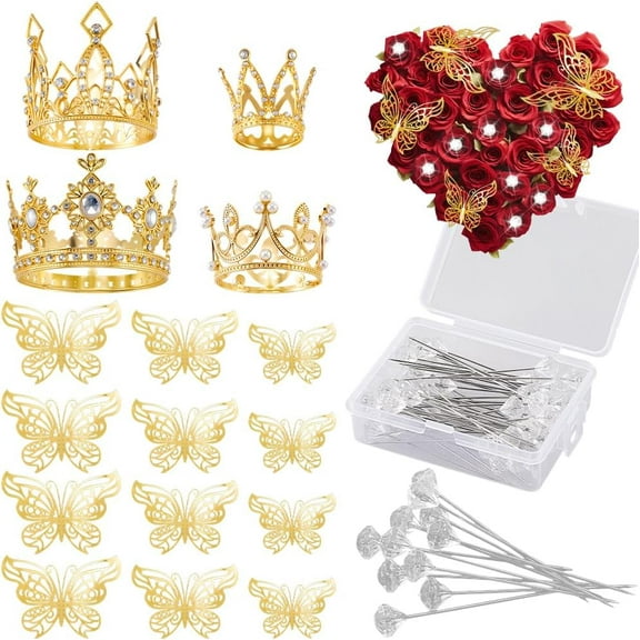 Flower Bouquet Accessories Including 4Pcs Silver Bouquet Accessories 12Pcs Butterfly Decorations and 50Pcs Diamond Pins for Anniversaries Wedding Party Florist Supplies Cake Toppers for DIY