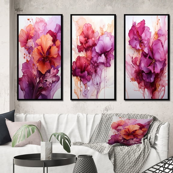 Designart "Magenta Bliss Blossoming Ink Cloud Watercolor III" Abstract Painting Framed Wall Art Set Of 3 - Pink Modern Frame Gallery Set For Office Decor