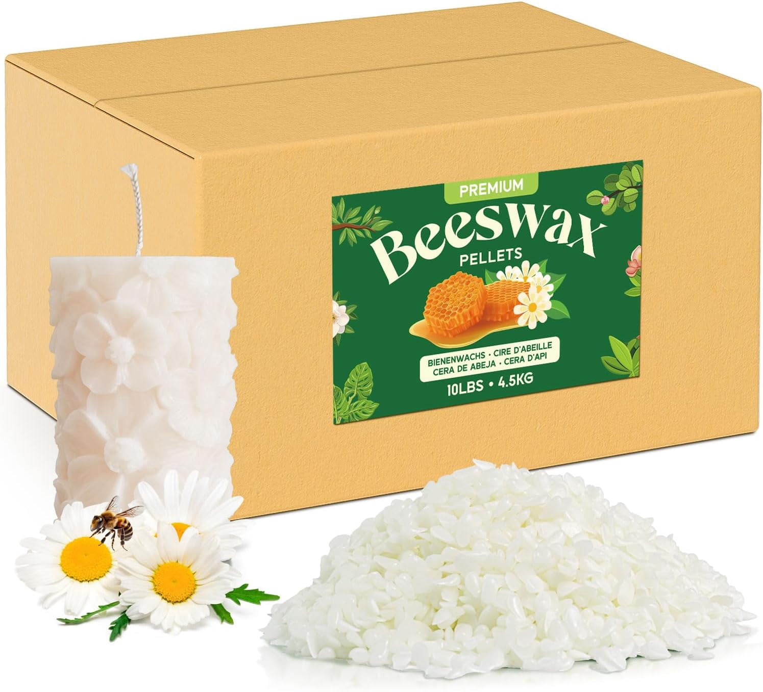 Beeswax Pellets 10LB, Pure & Natural White Beeswax for Candle Making, DIY Skin Care, Lip Balm, Soap, Lotion, Creams & Wood Polishing – 10LB