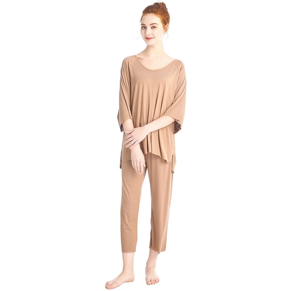 Women's Solid Summer Pleated Loungewear Top and Capris Pajamas Sets