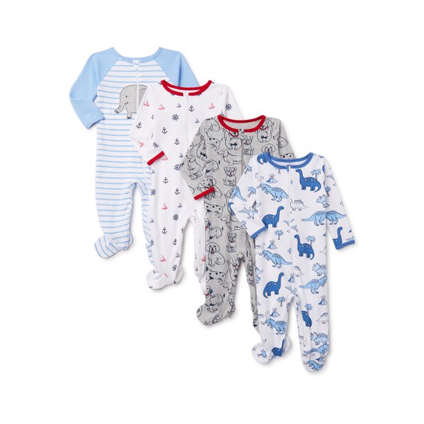 Wonder Nation Newborn Baby Boy Sleep and Play Pajamas, 4 Pack (Pre6/9M