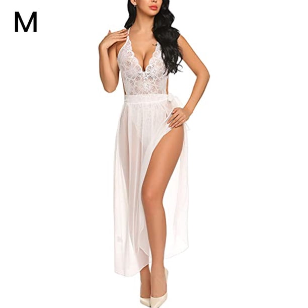 Body de encaje sexy para mujer Perspectiva Vestido largo Ropa de dormir Ropa de dormir, Blanco, M Sweethay XX000214-04