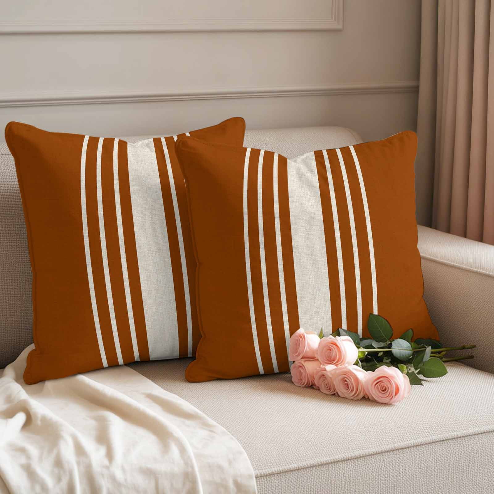 Burnt Orange Beige Striped Outdoor Waterproof Pillow Covers, Modern Farmhouse Retro Lines Decorative Square Throw Pillowcase Sofa Cushion Sham for Patio/Couch/Chair, 20"x20" 2 Pack