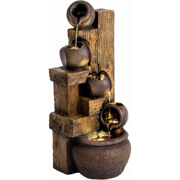 Grepatio 39.3" Tall Outdoor Water Fountain Garden Waterfalls Fountain with LED Lights 5 Tier Modern Indoor/Outdoor Floor Standing Water Fountain with Pump for Garden, Patio, House Decor (Brown)