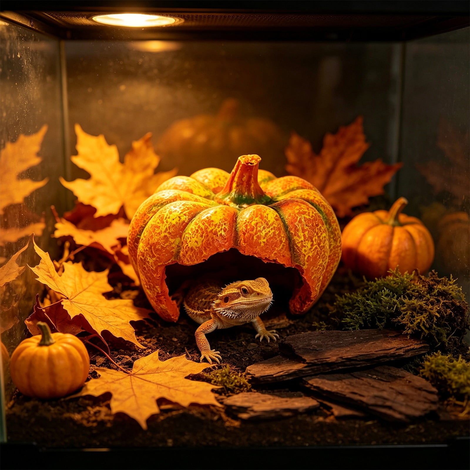 UNLLLL Reptile Hideout Cave, Simulated Pumpkin Decor for Terrarium, Turtle Lizard Gecko Hiding Shelter, Thanksgiving Fall Ornament, Habitat Decoration (Orange)
