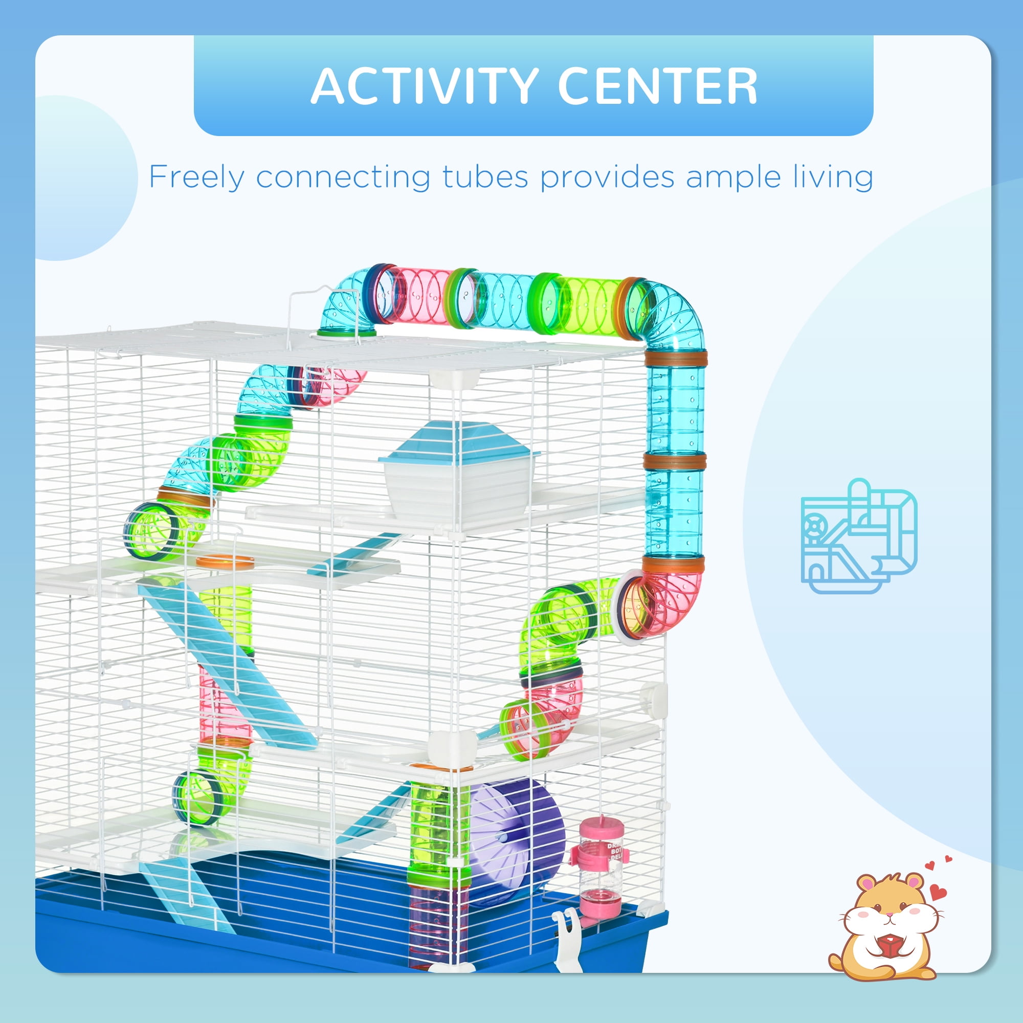 Extra Large 23" Hamster Cage with Tubes and Tunnels, Portable Carry Handles, Rat House and Habitats Big 5-Tier Design, Includes Exercise Wheel, Water Bottle, Food Dish, Blue