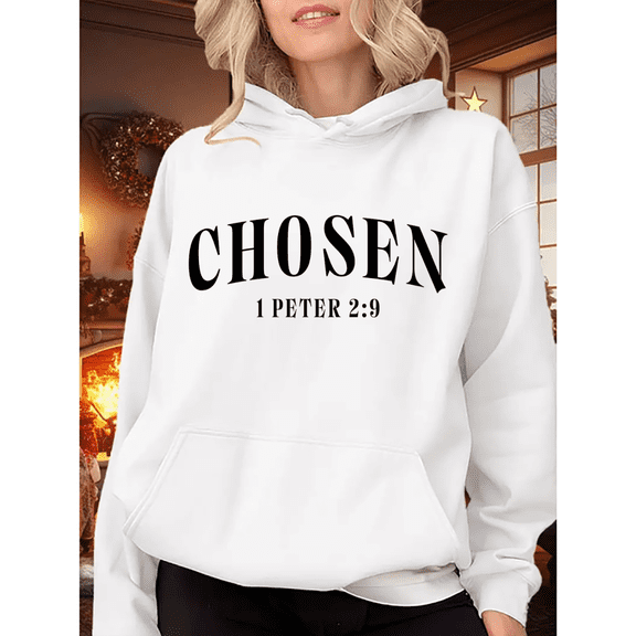 Women's White Graphic Sweatshirt Print Hoodie Chosen Faith S-2XL Tops