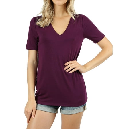 Zenana Women & Plus Relaxed Fit V-Neck Short Sleeve Basic Jersey T-Shirt Tops price history on PriceWatchPro