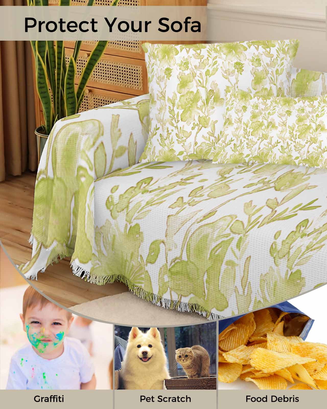 Sage Green Botanical Sofa Couch Covers for Dog,Washable Sofa Throw Cover Single Slipcoverfor Armchair,Painted Floral Pastoral Country French Leaves Couch Protector Towel Blanket Medium 71x91
