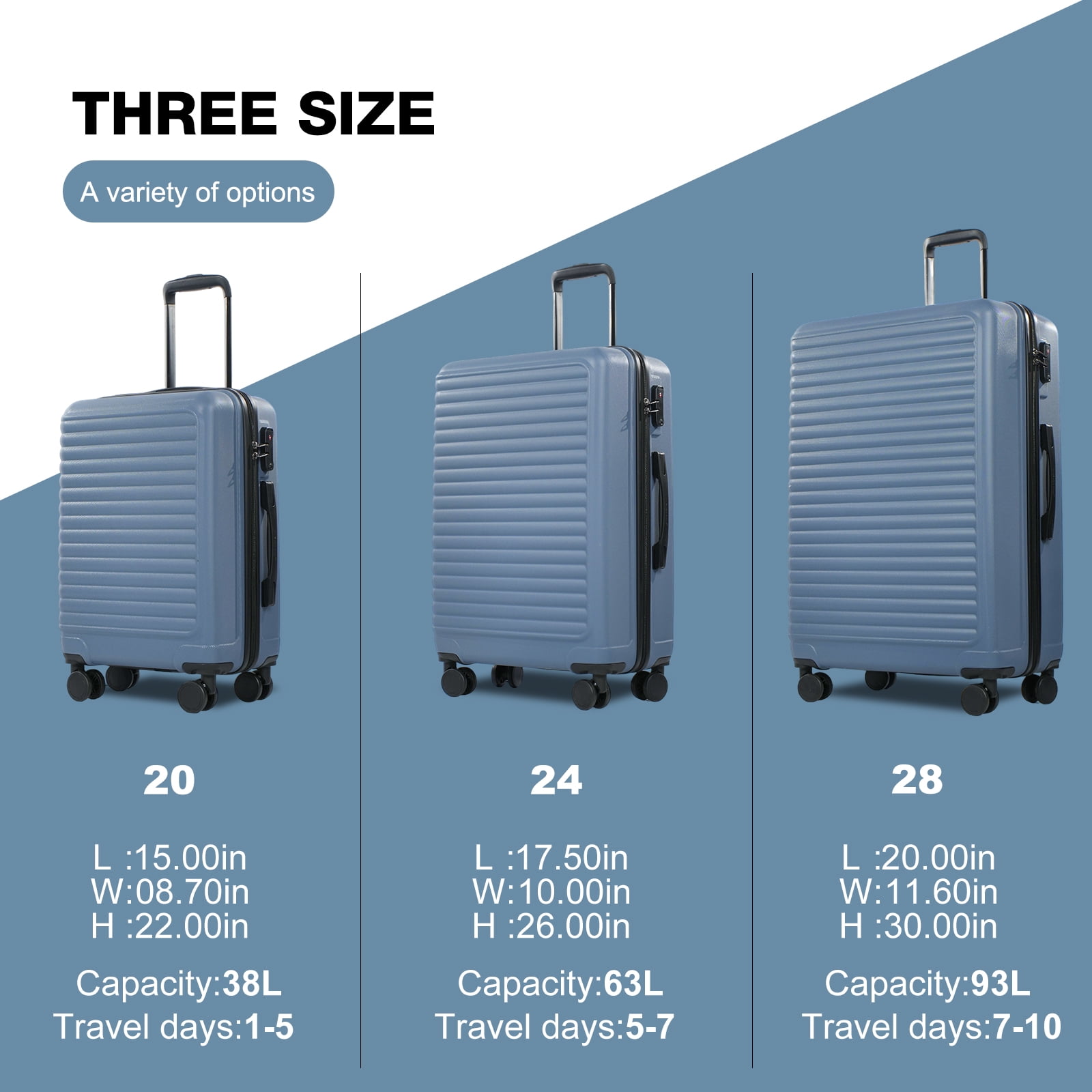 Travelhouse 3 Piece Hardside Luggage Set Hardshell Lightweight Suitcase with TSA Lock Spinner Wheels 20in24in28in.(Blue)