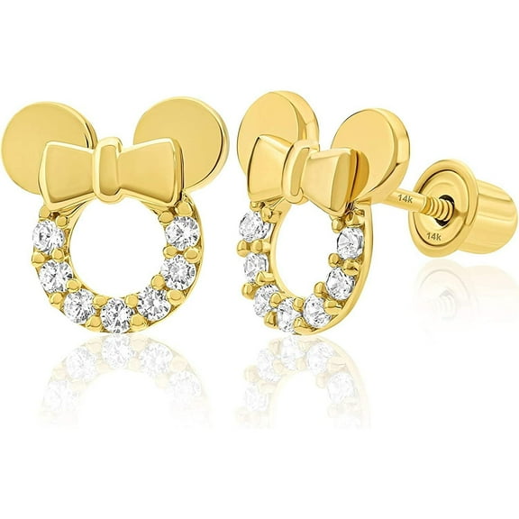 Solid 14k Yellow Gold Small Mouse Cubic Zirconia Stud Earrings with Comfort Screw Backs