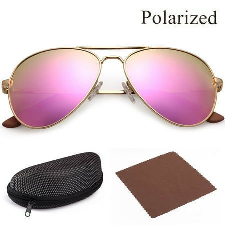 Polarized Aviator Sunglasses for Women with Case, Pink Mirrored Shatterproof 58mm Lenses, Gold Metal Frame,UV400 Protection,Spring Loaded (Best Sunglasses For Women)