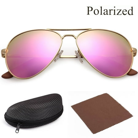 Polarized Aviator Sunglasses for Women with Case, Pink Mirrored Shatterproof 58mm Lenses, Gold Metal Frame,UV400 Protection,Spring Loaded (Best Sunglasses For Tennis 2019)