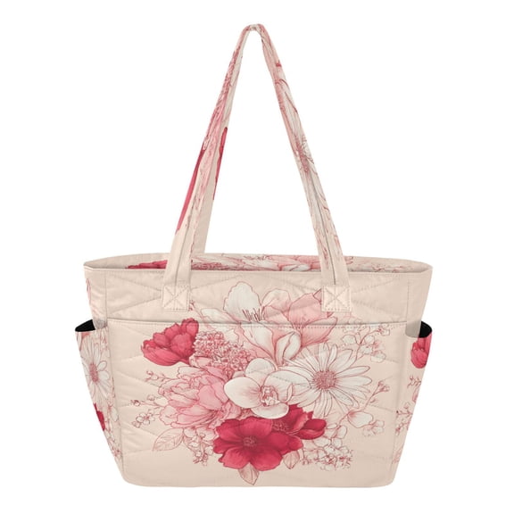 Quilted Tote Bag Large Capacity Multi-Compartment Handbag Lightweight Structured Shoulder Bag Versatile Casual Bag Beautiful Hand-painted Bouquet