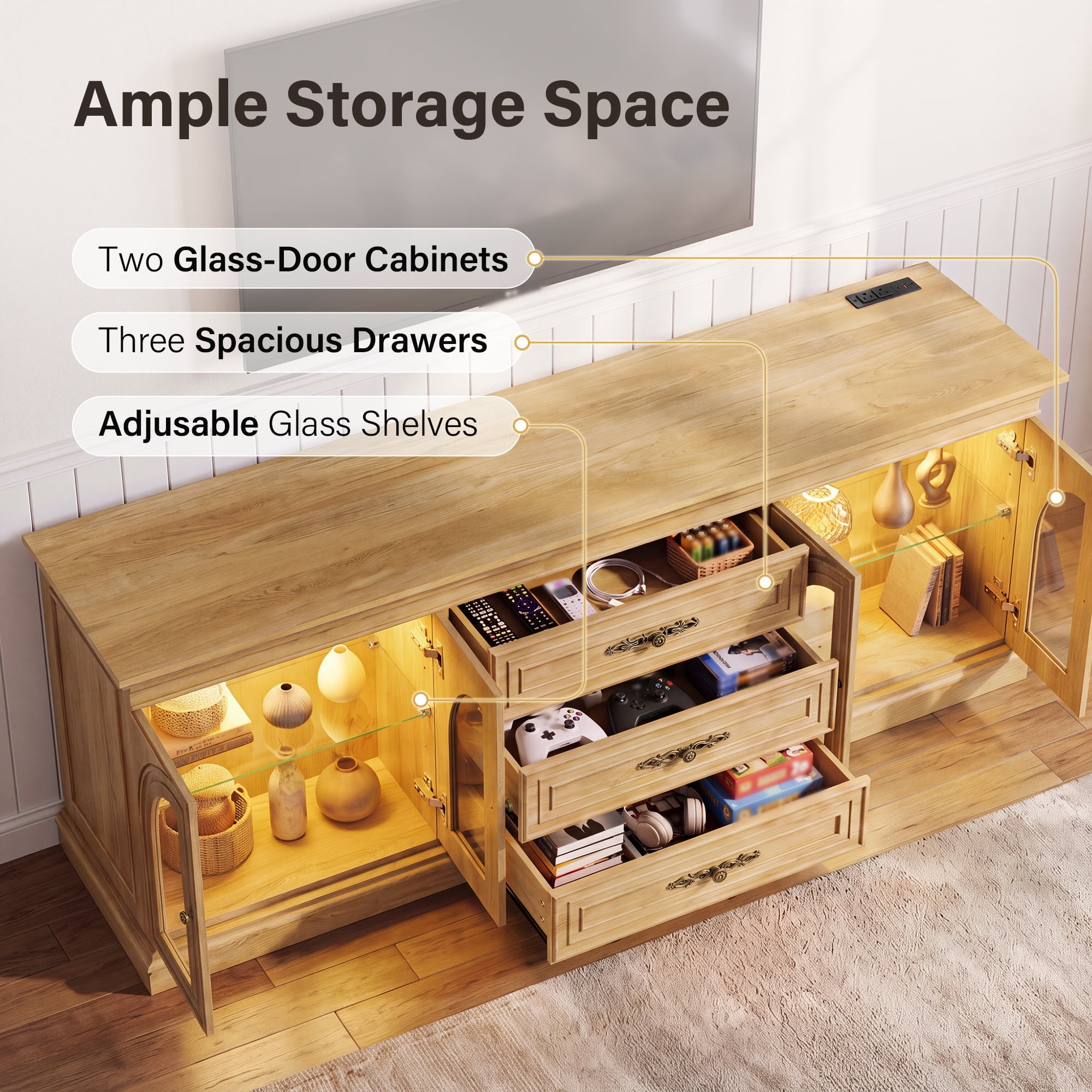 Lacoo 63'' Vintage-Style TV Stand for TVs Up to 70'' with LED Lights and Outlets, Entertainment Center with Storage Cabinets and Drawers for Living Room, Natural