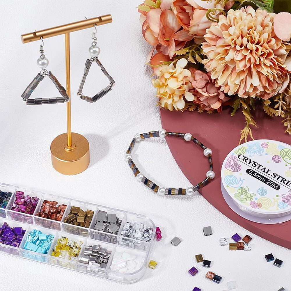 DIY Tile Bracelet Making Kit Including 2-Hole Rectangle Glass Beads Big Eye Beading Needles Elastic Thread Mixed Color Beads: 5x4.5~5.5x2~2.5mm