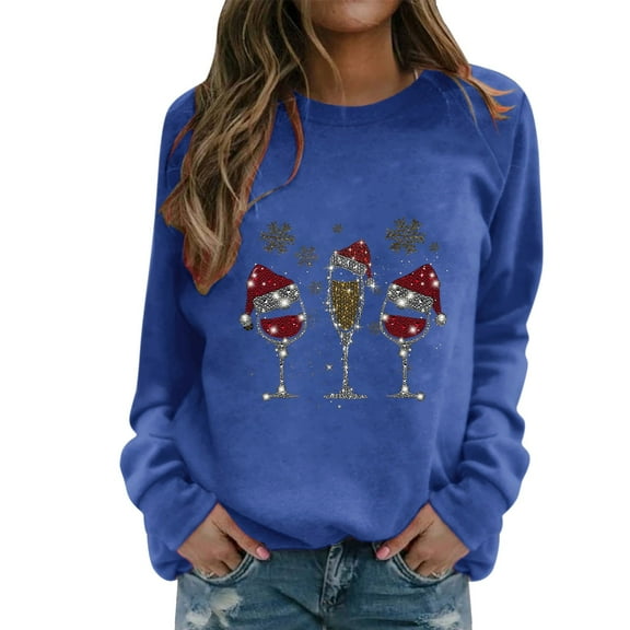 Simin Christmas Sweatshirts for Women, Christmas Women's Sweatshirt Crew Neck Long Sleeve Christmas Jumper Casual Christmas Tops, Blue-L Women's Acrylic Hoodie