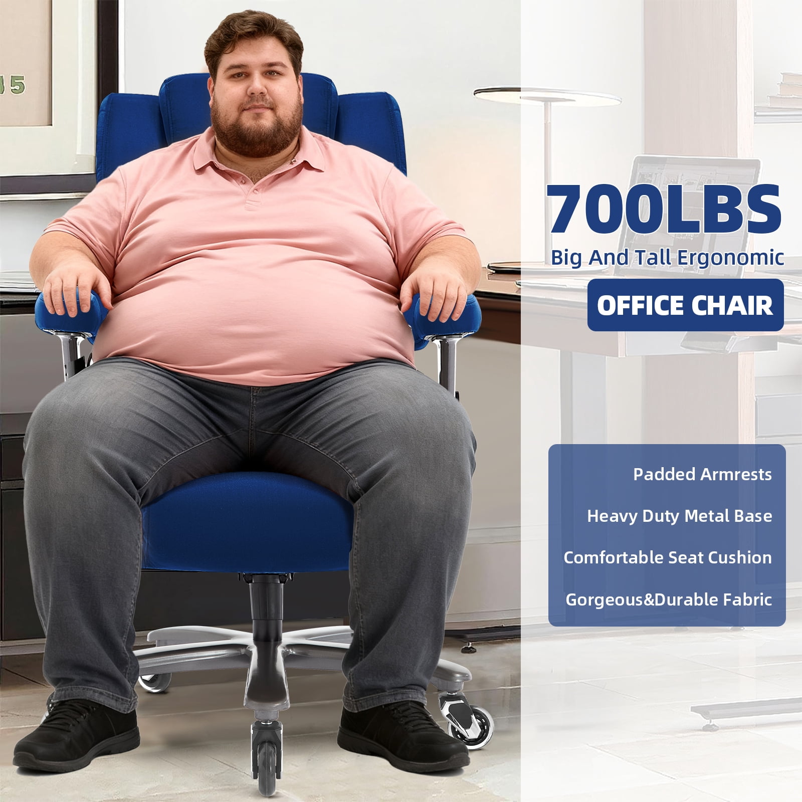Big and Tall 700lbs Office Chair, Fabric Heavy Duty Executive Chair with 3D Flip up Armrests Adjustable Lumbar Support Large Rubber Wheels, Extra Wide High Back Computer Desk Chair, Blue