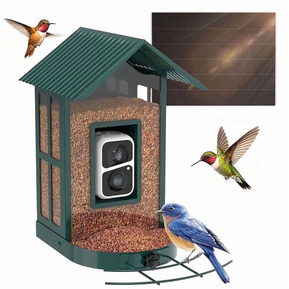 Soliom Metal Bird Feeder Camera, 2.7L Seed Capacity, AI Species Identification, 2K Live View, Instant Alerts, 5W Solar Panel, Squirrel-Proof, Green