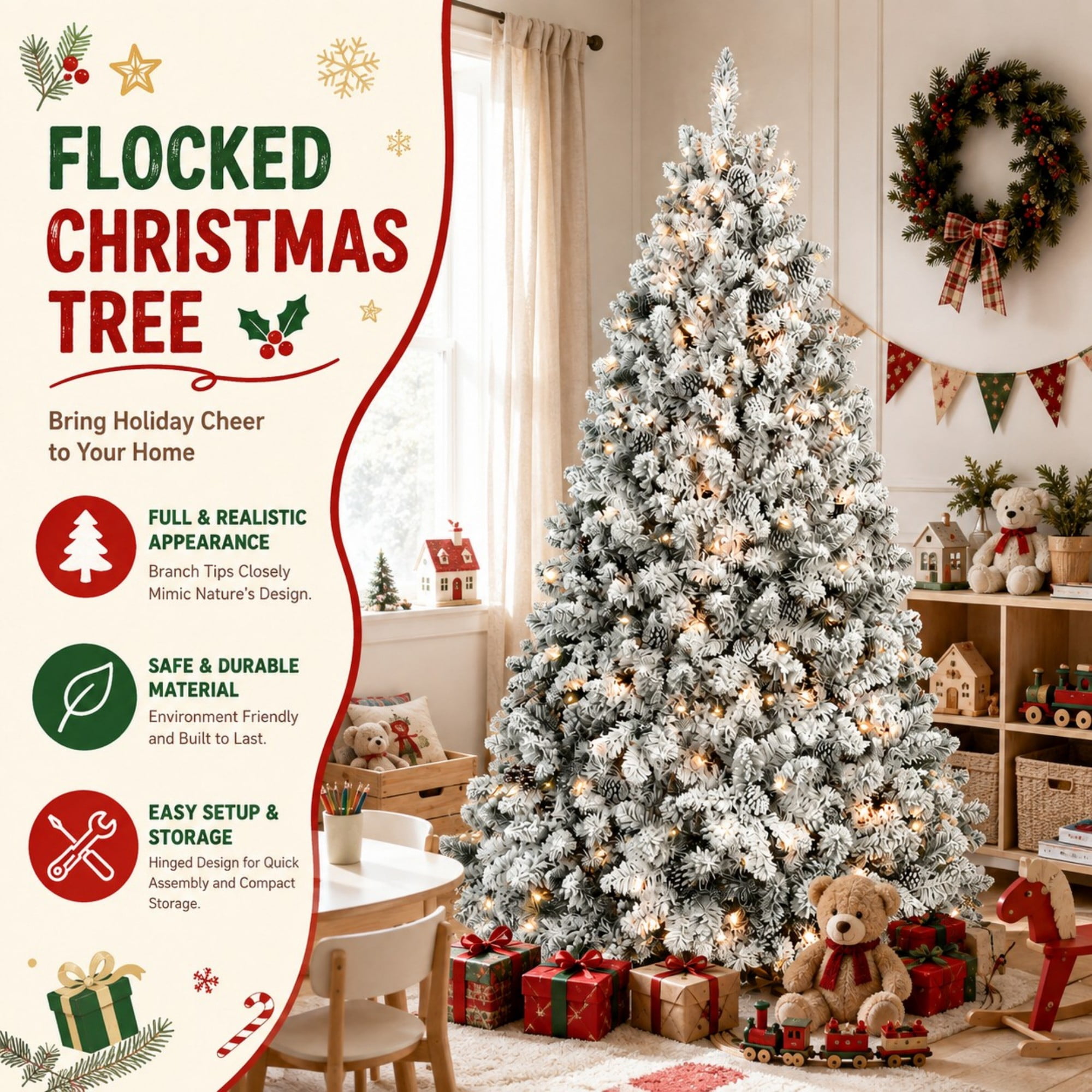 DEALTOPS 8 FT Snow-Flocked Pre-Lit Artificial Christmas Tree, 1754 Tips & 700 UL Lights, Pine Cones & Stand
