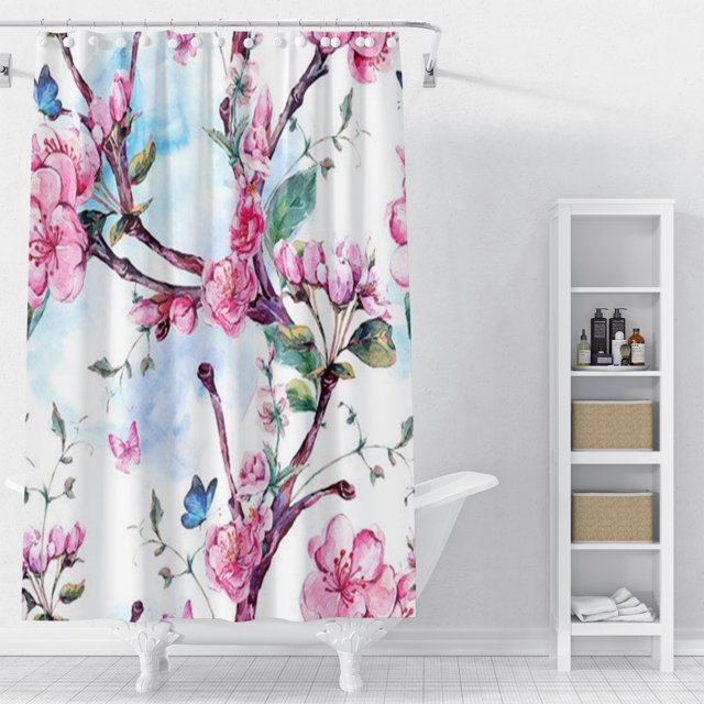 Rideau de Douche Floral, Fleurs Roses Papillon Douches de Baignoire Imprimées Salle de Bain Décorative Design Imperméable en Polyester avec 12 Crochets 72 * 72 "