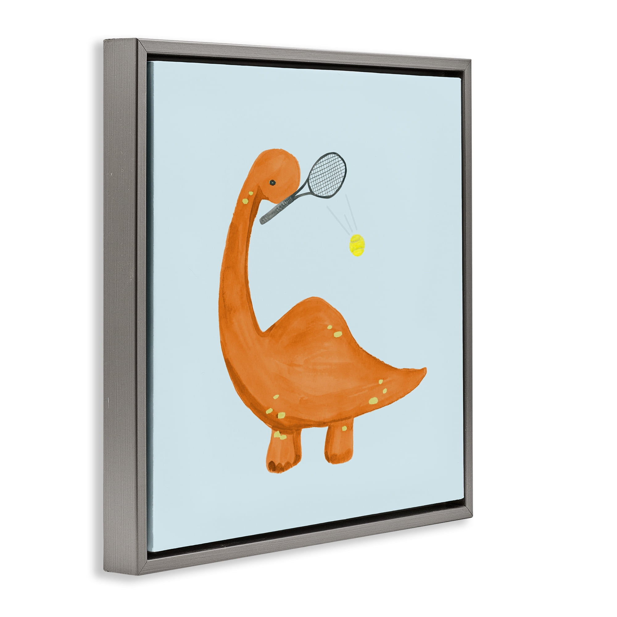 Stupell Industries Baby Dino Playing Tennis Gray Framed Floater Canvas Wall Art, design by Lucille Price