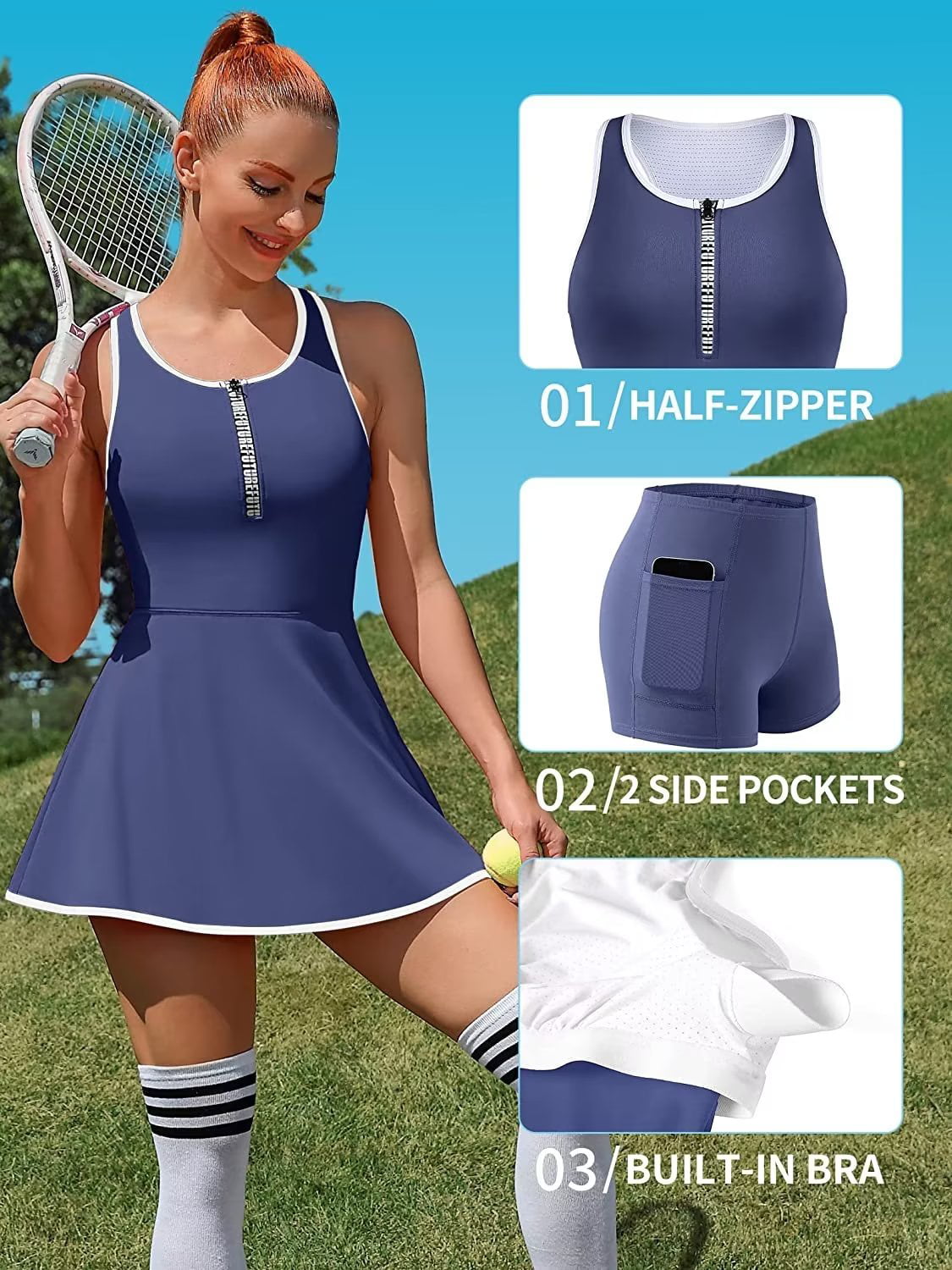 Wilson Tennis Dress Blue & White Team Built in Bra Athletic