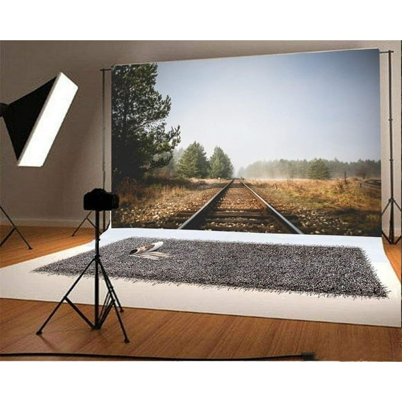 BSDHOME 7x5ft Photography Backdrop Railroad Tracks Ric Trees Golden Leaves Blue Sky Nature Autumn Photo Background Backdrops