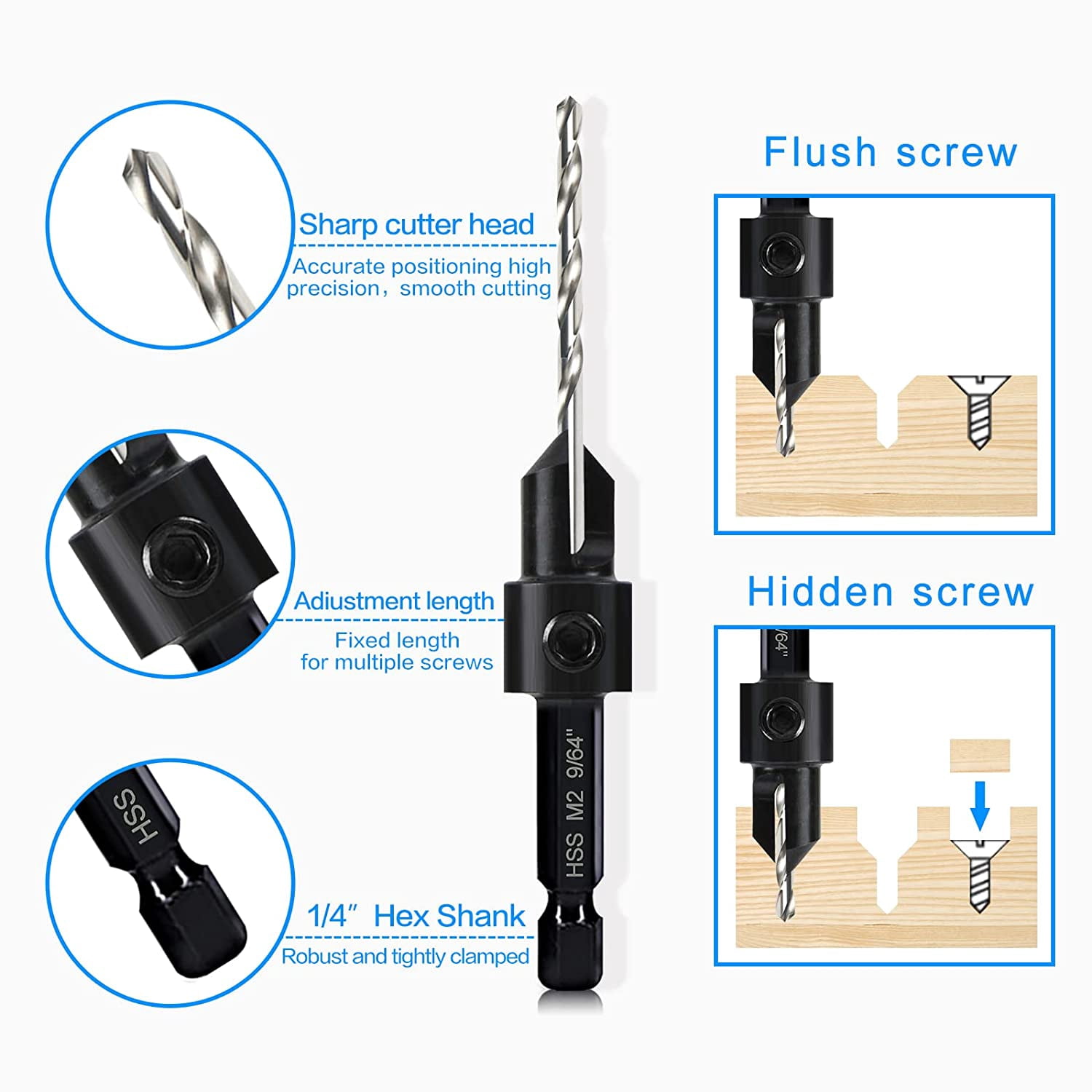 FRKSMD-7 Pcs M2 Countersink Drill Bit Set, 3in1 Wood Pilot Countersink Drill Bits for #4#6#8#10#12 Screws Holes, with Adjustable Depth Stop,Quick Release Hex Shank, 2-Allen Wrench