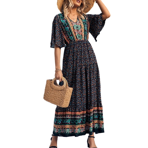 Vestido PRETTYGARDEN Maxi Boho Floral Negro con Escote en V M