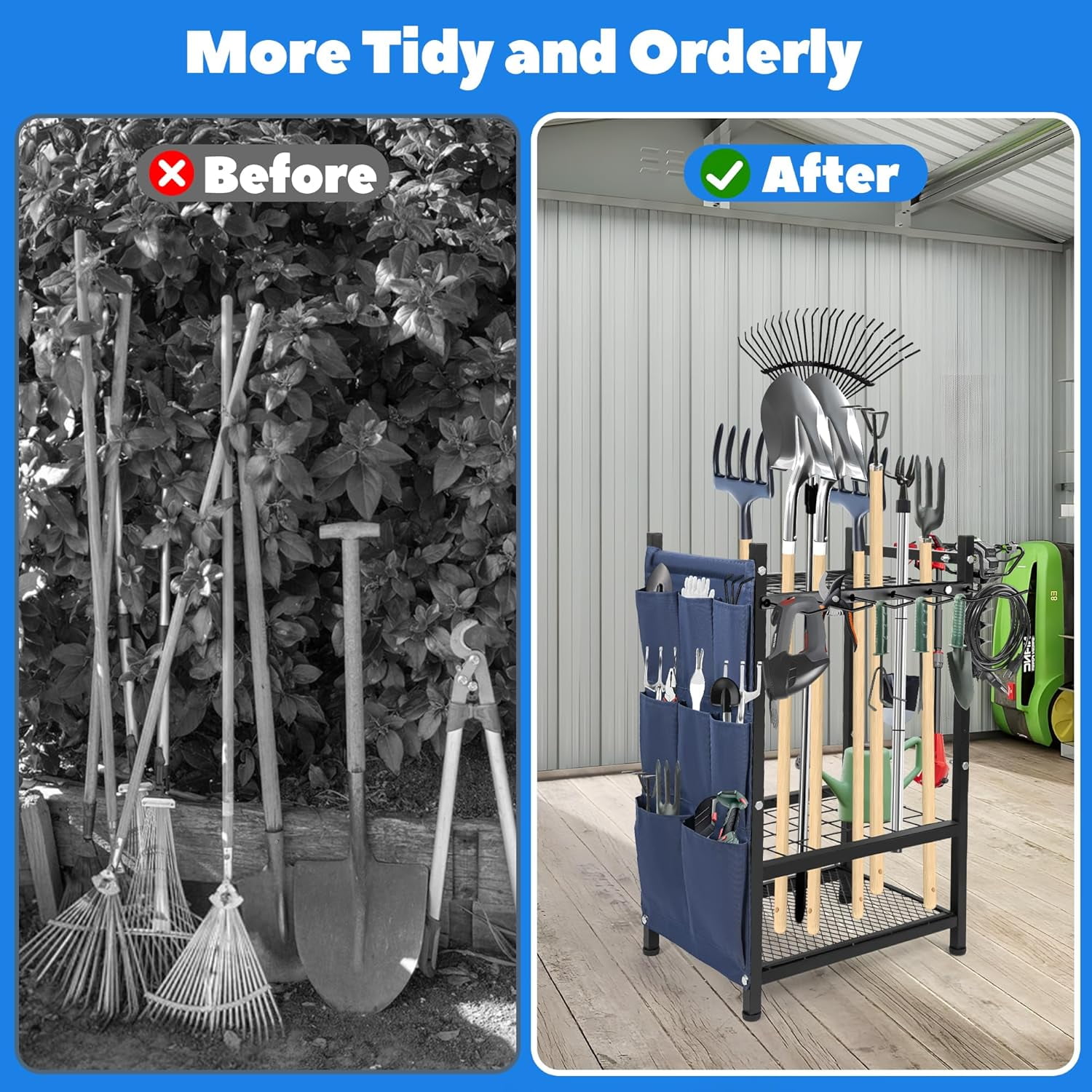 Freestanding Garden Tool Rack, 3-Tier Heavy Duty Organizer with Hooks and Pockets for Shovels, Rakes, Brooms – Outdoor Yard Storage Solution