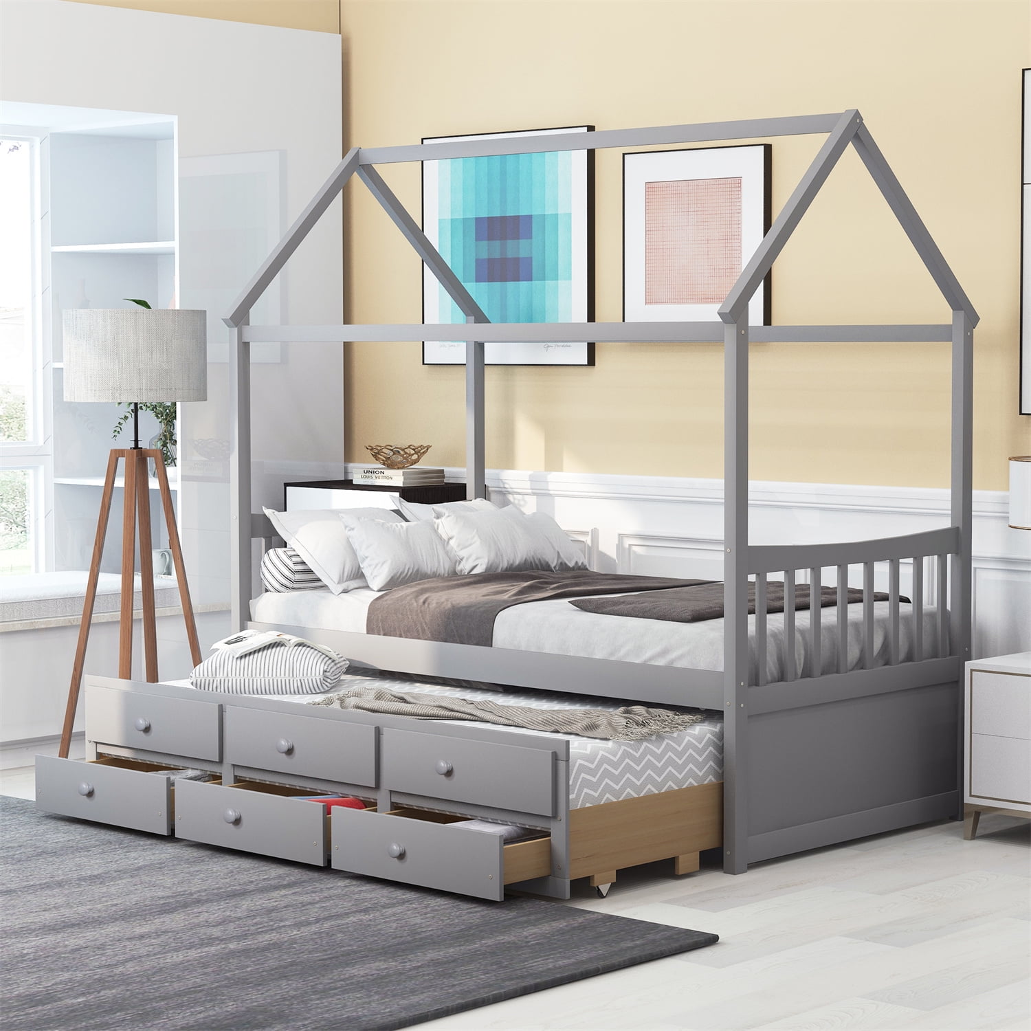 Twin Size House bed with Trundle and 3 Drawers, Wood House Platform Bed