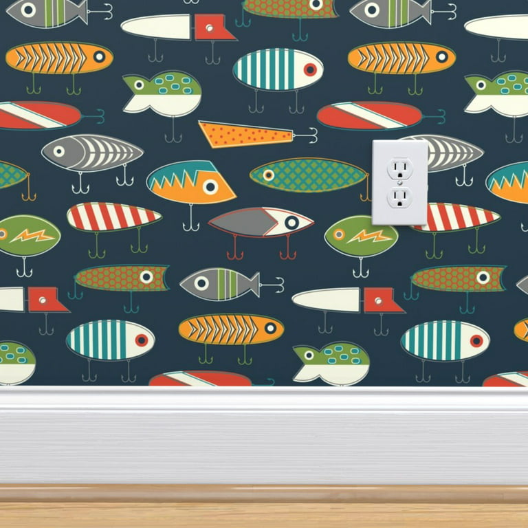 Commercial Grade Wallpaper Swatch - Navy Fish Fishing Lures