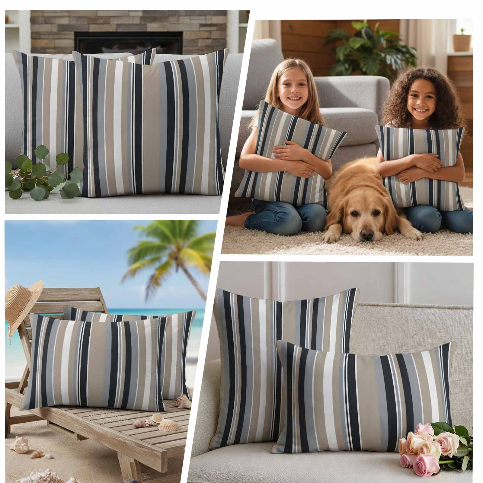 Black Grey Brown Striped Outdoor Waterproof Pillow Covers, Modern Stripes Art Farmhouse Decorative Square Throw Pillowcase Sofa Cushion Sham for Patio/Couch/Chair, 18"x18" 2 Pack