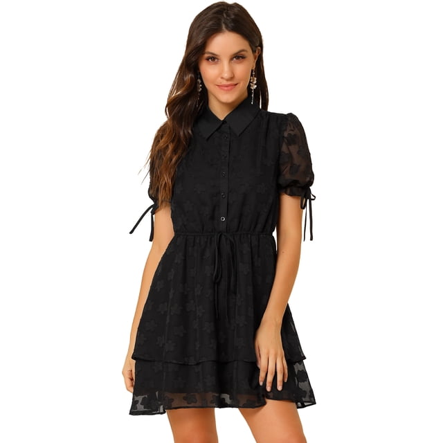 Vestido A Capas de Gasa Allegra K con Cordón Floral Cuello Peter Pan Negro XL