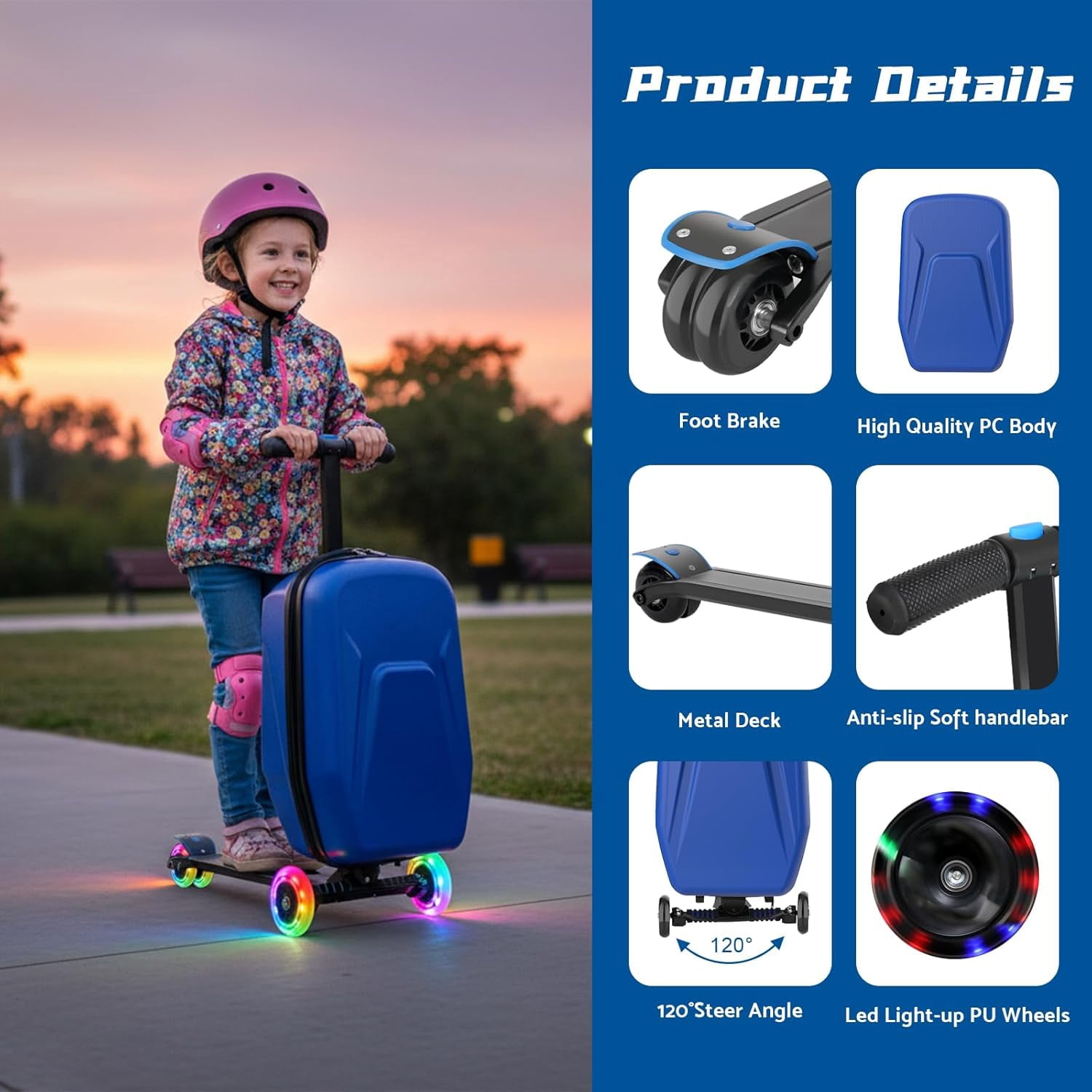 20" Hardshell Scooter Suitcase for Kid & Adult Foldable 2 in 1 Ride on Carry on Travel Trolley Scooter Luggage With Wheels Blue
