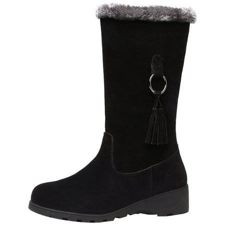 

Lovskoo 2024 Snow Boots for Women Faux Suede Round Toe Oversized Back Zipper Mid Calf Non-Slip Boots with Thick Heels Black
