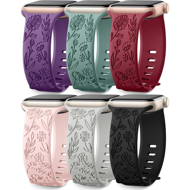 6 Piezas Correas Grabado Floral Compatible con Correa Apple Watch 40mm 41mm 38mm 42mm 44mm 45mm 46mm 49mm Mujer, Silicona Suave Flores Pulsera para iWatch Ultra SE Series 11 10 9 8 7 6 5 4 3 2 1