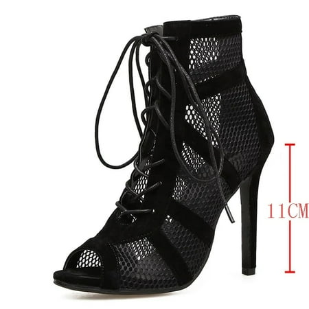 

Sexy Cross-tied High Heels Hollow Mesh Sandals Summer Fashion Trend Comfort Peep Toe Boots Dance Female Stilettos Shoes Black 11CM-Black 37