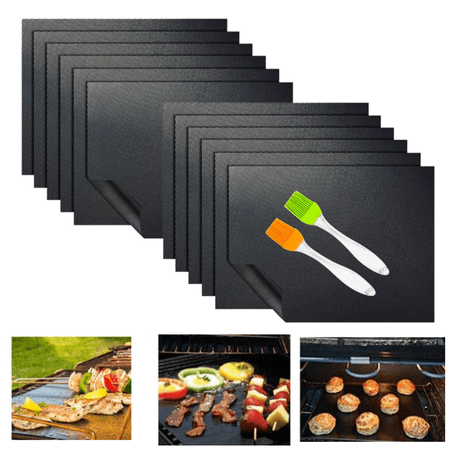 BBQ Grill Mat Set of 10  Grill Mats for Outdoor Grill Non-stick Barbecue Grill & Baking Mats for Baking on Gas  Charcoal  Oven and Electric Grills - Reusable - Free 2 Silicone Brush