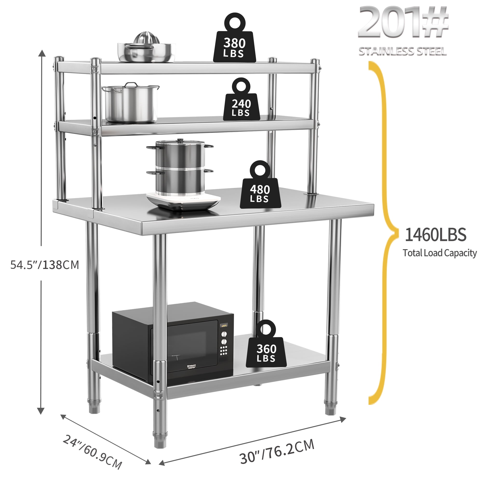 Uforic 30 x 24 In 4-Tier Stainless Steel Work Table with Overshelves, Hooks, Metal Prep Table for Commercial Kitchens and Restaurants